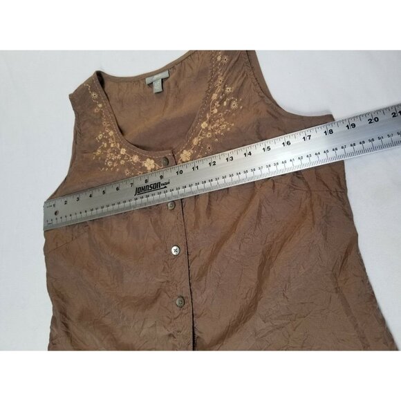 J. Jill Womens Sleeveless Button Down Top Floral Embroidered Size XSP Brown Silk - Picture 4 of 5